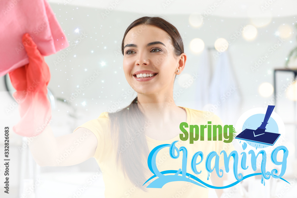 Beautiful young woman cleaning bathroom