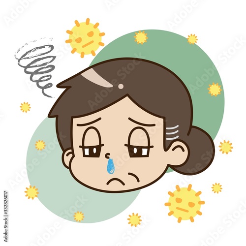 花粉症で鼻水が出ている中年女性と花粉のイラスト