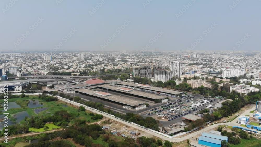Aerial view was taken during the curfew lockdown of the Chennai city. The bus stand were empty as people was staying at home Aerial view was taken during the curfew lockdown of the Chennai city. The bus stand were empty as people was staying at home
