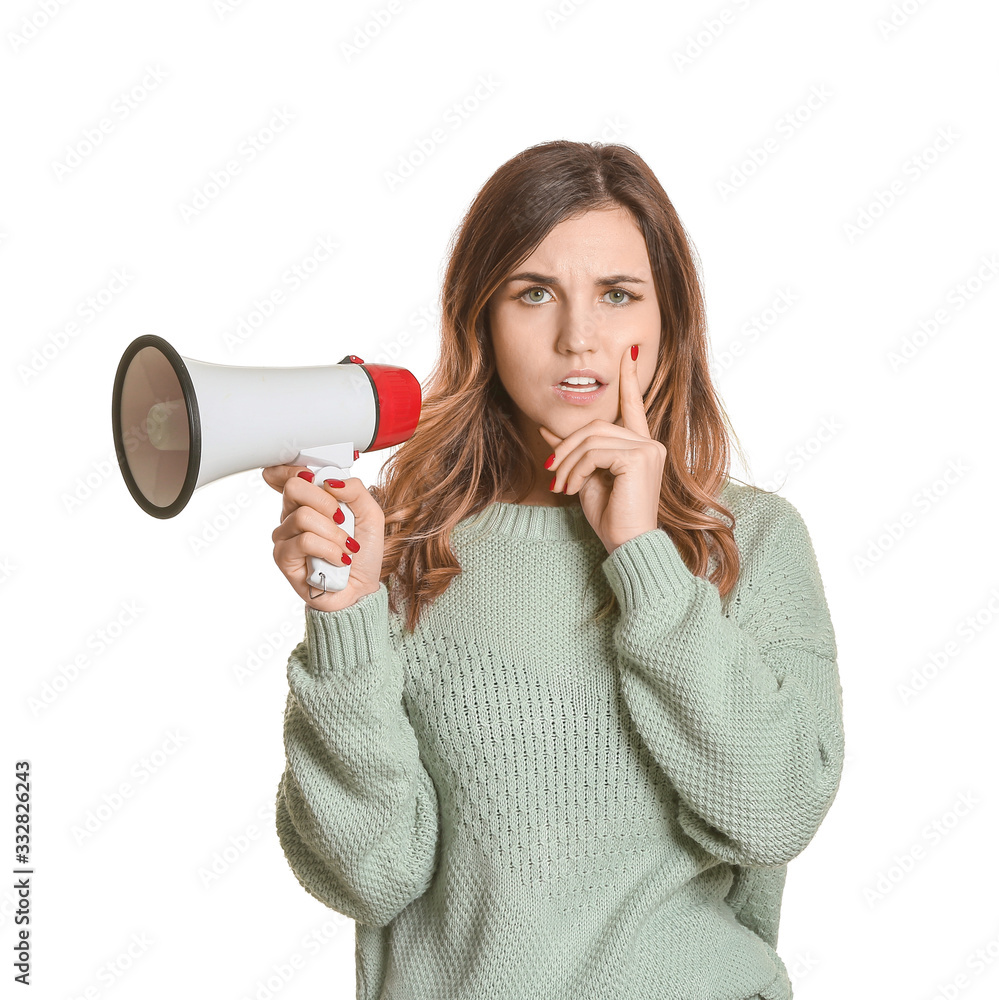 Thoughtful young woman with megaphone on white background Thoughtful young woman with megaphone on white background