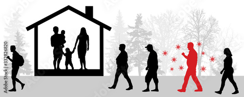 Infected person walking in outdoors among healthy people. Stay at home, Coronavirus quarantine. Vector illustration.