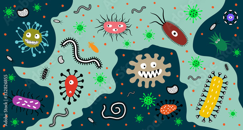 Virus and parasite. Pattern with cartoon. Germs and bacteria. Vector illustration