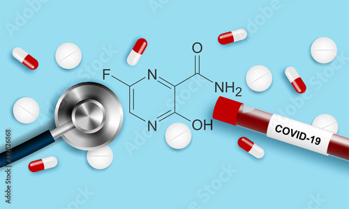 Medical. Antiviral drug. Favipiravir is effective in treating Coronavirus, covid-19. design with drug, infected blood sample and stethoscope on blue  background. Vector.