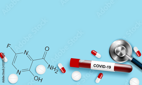 Medical. Antiviral drug. Favipiravir is effective in treating Coronavirus, covid-19. design with drug, infected blood sample and stethoscope on blue  background. Vector.