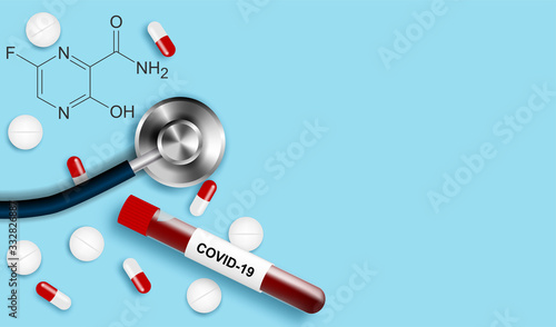 Medical. Antiviral drug. Favipiravir is effective in treating Coronavirus, covid-19. design with drug, infected blood sample and stethoscope on blue  background. Vector.
