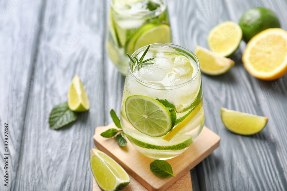 Glass of fresh lime lemonade on table Glass of fresh lime lemonade on table
