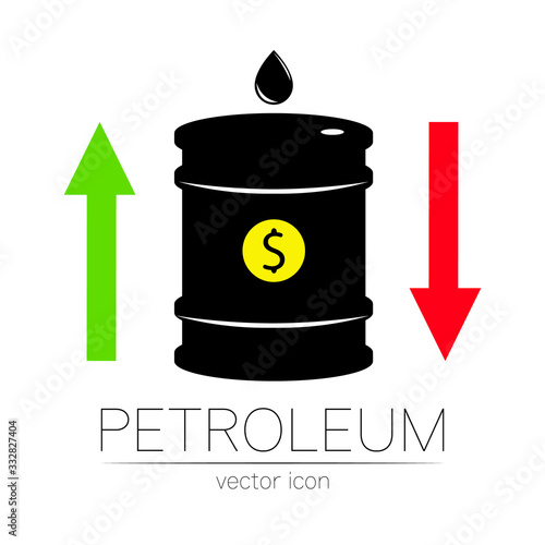 Vector sign of oil. Statistics dollar up and down, global financial crisis. Black symbol petroleum isolated on white background. Barrel silhouette and spot liguid. Industry of exploration