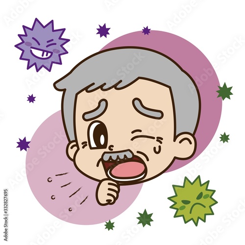 咳をする高齢男性とウイルスのイラスト