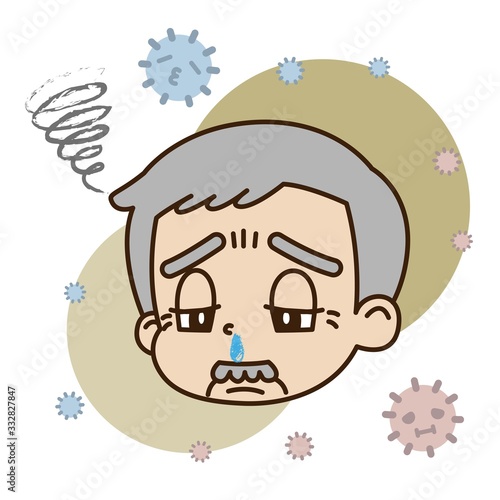 鼻水が出ている高齢男性とハウスダストのイラスト