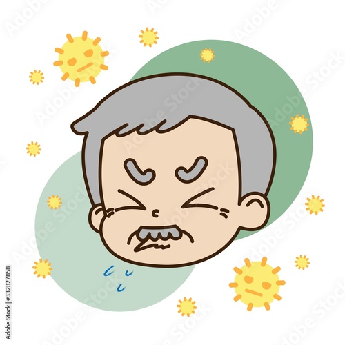 花粉症でクシャミが出ている高齢男性と花粉のイラスト