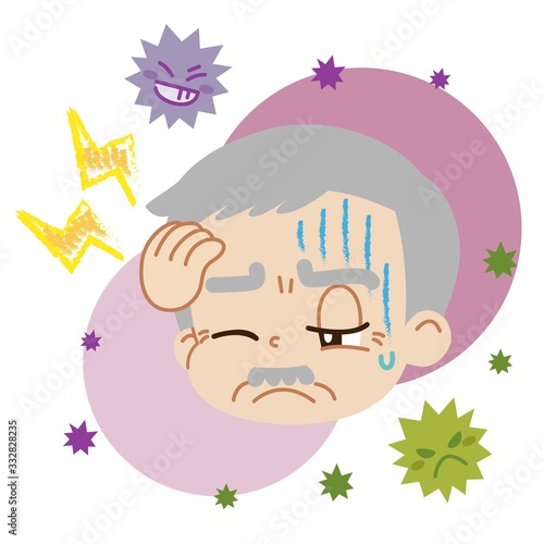 頭痛を患っている高齢男性とウイルスのイラスト