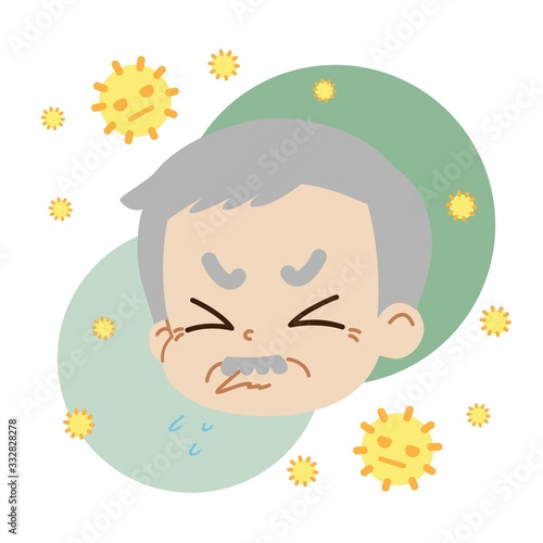花粉症でクシャミが出ている高齢男性と花粉のイラスト