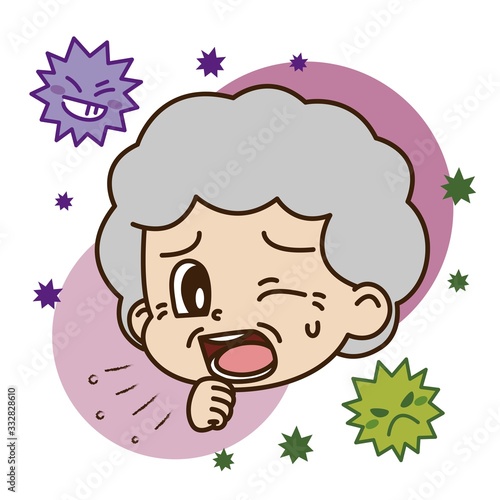 咳をする高齢女性とウイルスのイラスト