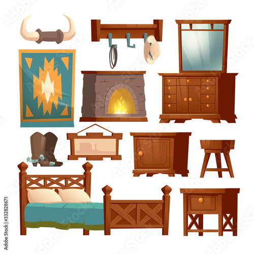 Cowboy bedroom interior set with bed, nightstand, fireplace and hat on hanger. Vector cartoon wooden furniture in rustic house in wild west, western ranch with bull horns, carpet and mirror