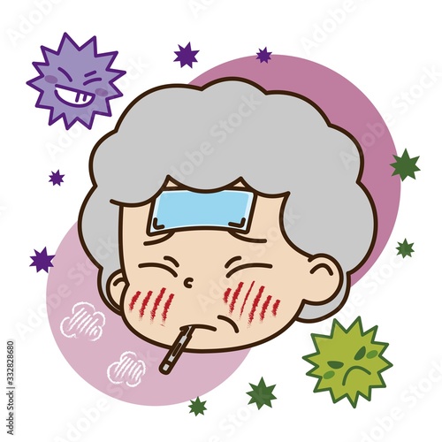 熱が出ている高齢女性とウイルスのイラスト