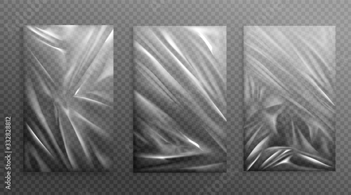 Stretched cellophane banner, realistic crumpled or folded texture vector illustration. Clear transparent polyethylene top of plastic container, tape or elastic wrapping paper for food or snacks bag