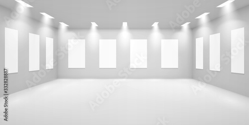 Art gallery empty 3d room with white walls, illumination lamps and blank banners hang around perimeter. Museum interior for presentation, photography contest exhibition hall, Realistic vector mock up