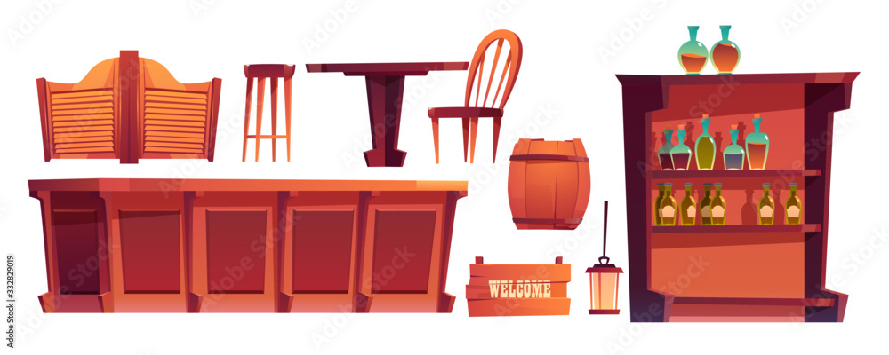 Cowboy saloon, western retro bar furniture and stuff set. Wooden swing door, table, chair and counter desk, wine barrel, shelf glass bottles, lantern and welcome signboard. Cartoon vector clip art