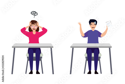 couple with stress attack in desks vector illustration design