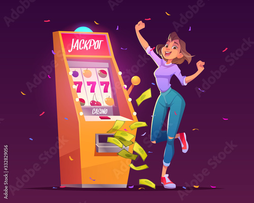 Slot machine jackpot casino win. Lucky woman celebrate winning prize jumping at money falling with all sevens spin combination on one-armed bandit, happy winner character. Cartoon vector illustration