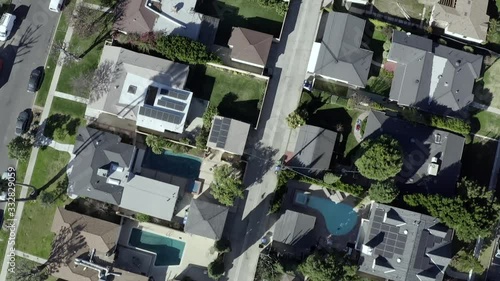 Aerial birds eye view, Van Nuys neighborhood suburb in Los Angeles, California