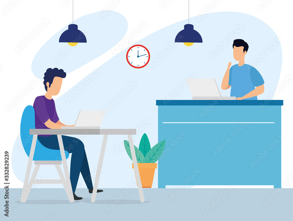scene of coworking with men in workplace vector illustration design scene of coworking with men in workplace vector illustration design