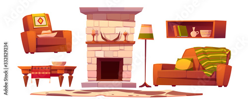 Wild west living room stuff set. Western rustic style furniture, fireplace with horns and candles, couch with plaid, armchair, table, floor lamp, book shelf, cow skin rag, Cartoon vector clip art