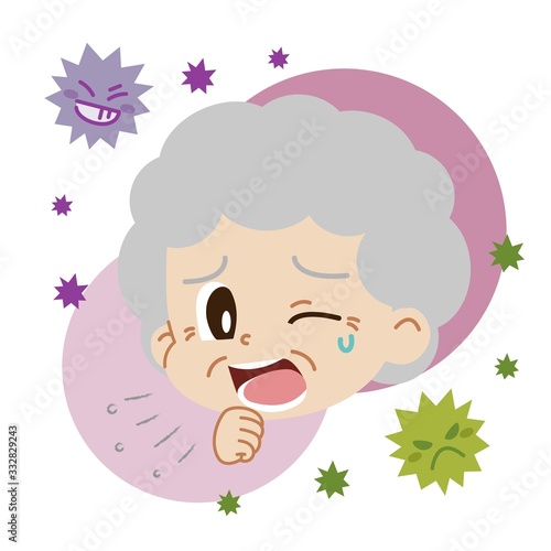 咳をする高齢女性とウイルスのイラスト