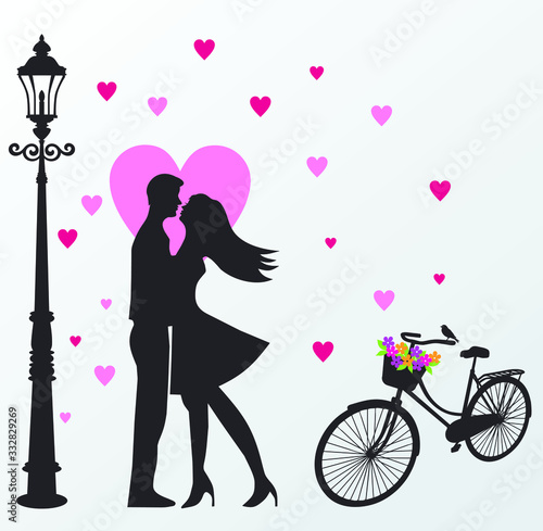 Loving Couples near A Lamp and bicycle Valentines Day Vector Illustration
