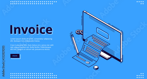 Invoice isometric landing page. Large bill for tax or service payment coming out of computer desktop screen. Shopping, banking, accounting paycheck, smart technologies 3d vector line art web banner