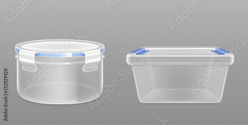 Empty clear package box closed by lid. Vector realistic mockup plastic container, kitchen bucket for dry products isolated on transparent background