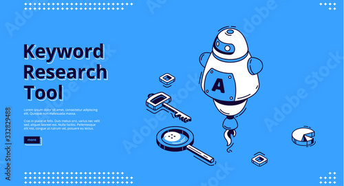 Keyword research tool banner with isometric icons on blue background. Vector landing page of SEO optimization service with line art robot, chatbot with artificial intelligence