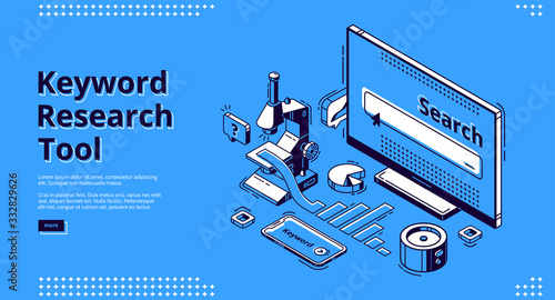 Long tail keyword isometric landing page. Seo research tool curve graph and browser on pc desktop computer monitor. Engine optimization, analysis service 3d vector illustration, web banner, line art