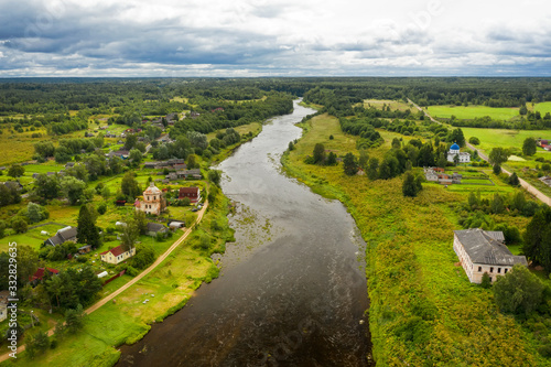 Aerial view on the Msta river on a summer rainy day. Borovichi district, Novgorod region, Russia © Konstantin