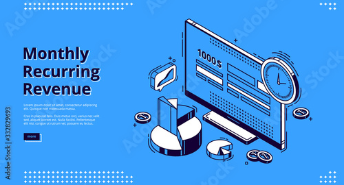 Monthly recurring revenue, mrr isometric landing page. Computer desktop with budget or payment calculator on screen, clock, coins and graphs around. Earning analysis 3d vector line art web banner