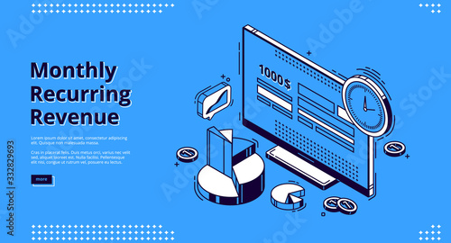 Monthly recurring revenue, mrr isometric landing page. Computer desktop with budget or payment calculator on screen, clock, coins and graphs around. Earning analysis 3d vector line art web banner photo