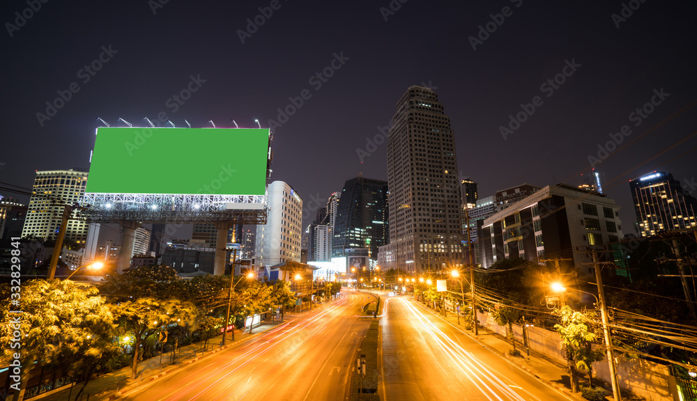 Landscape building business district of bangkok. Green screen billboard on road Business district in Bangkok.