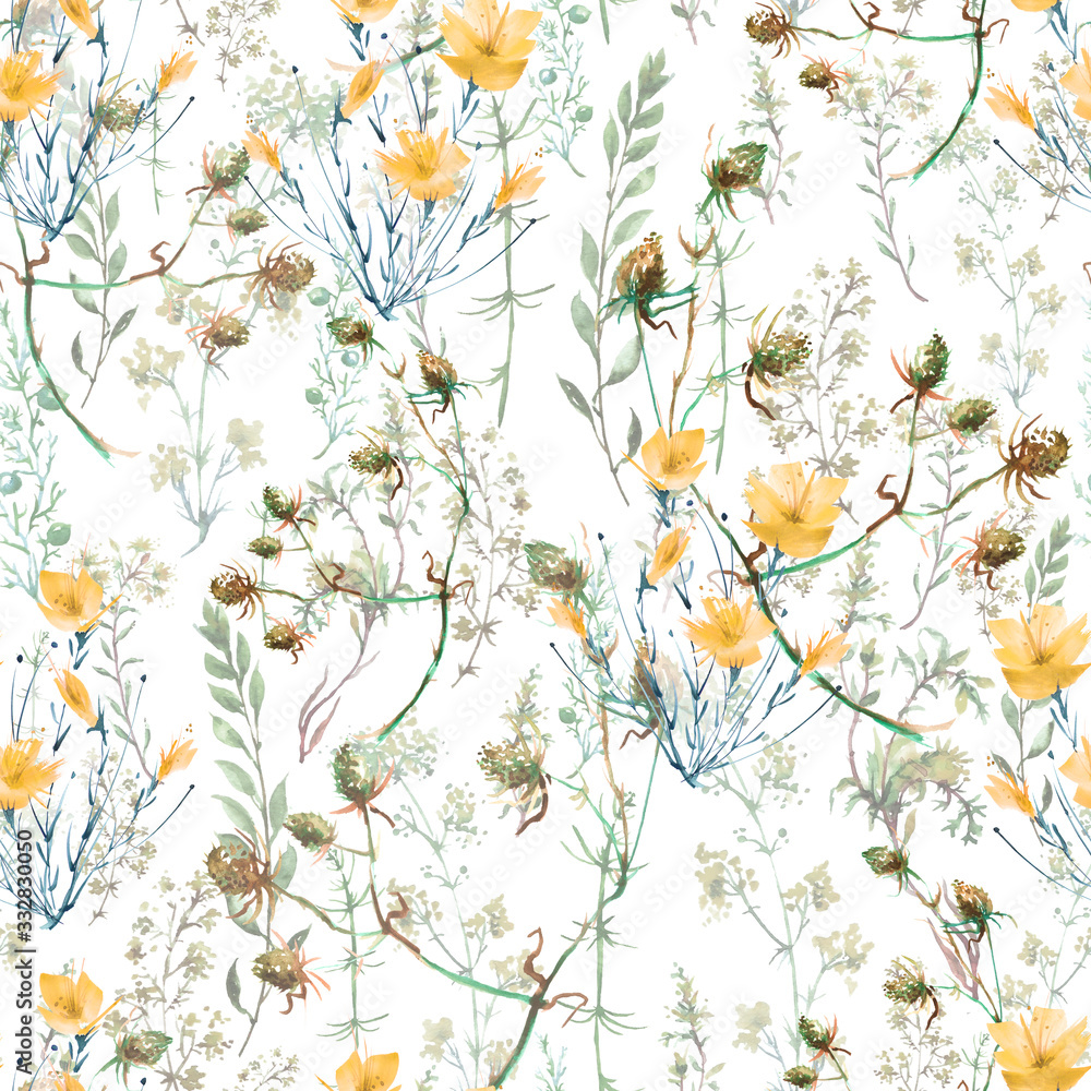 Watercolor seamless background floral pattern. grass and plant flowers, burdock, thistle, alga, poppy, wild herbs. Floral pattern, Illustration is made of hand-made in clipart graphics colors.