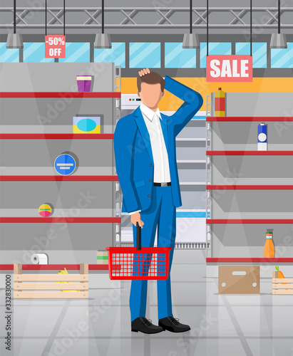 Desperate customer in supermarket with empty shelves. Empty basket, food hoarding. No food or necessities in store. Financial crisis, war epidemic virus. Panic of Coronavirus. Flat vector illustration