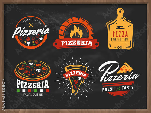 Pizzeria logos. Set of vector badges with pizza, full and slices on vintage chalkboard background. Labels for trattoria, pizzeria, Italian cuisine restaurant of cafe.