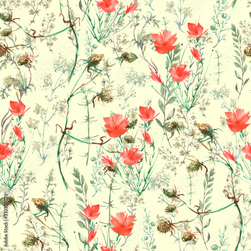 Watercolor seamless background floral pattern. grass and plant flowers, burdock, thistle, alga, poppy, wild herbs. Floral pattern, Illustration is made of hand-made in clipart graphics colors.