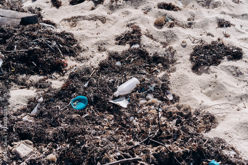Plastic trash and algae on the sandy beach Plastic trash and algae on the sandy beach