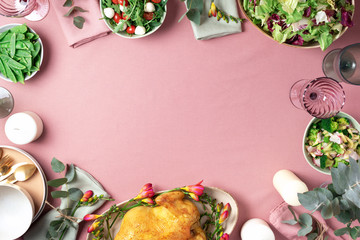 Valentine day, Women's Day, mother's day, wedding brunch, festive family lunch and dinner concept. Festive family dinner table. Serving plates, bowls with salads and vegetables dishes, snack, whole