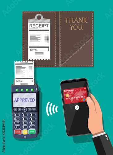 POS terminal and mobile smartphone payment transaction. Leather folder for cash, cashier check. Wireless, contactless or cashless payments, rfid nfc. Vector illustration in flat style