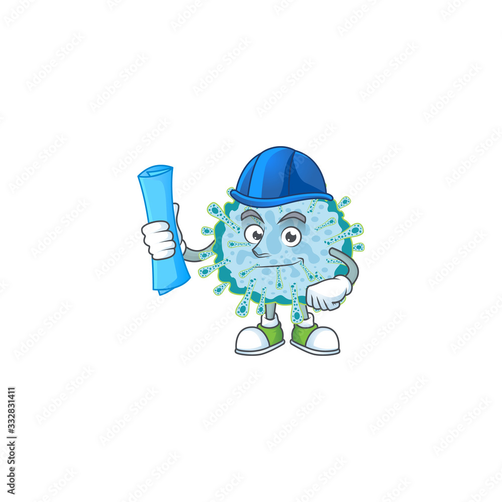 A clever Architect of coronavirus illness with blue prints and blue helmet A clever Architect of coronavirus illness with blue prints and blue helmet