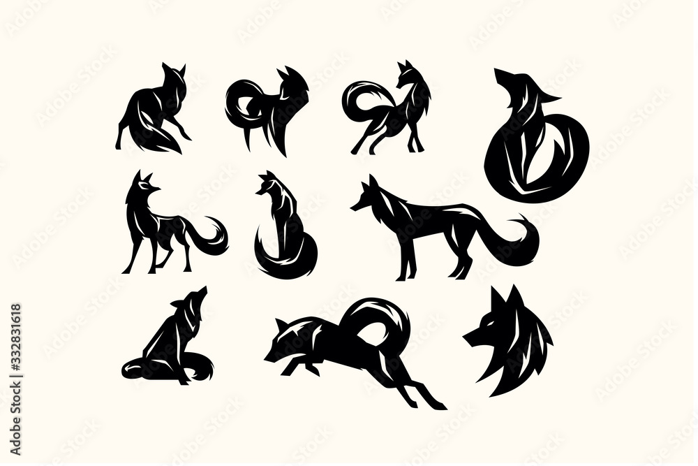 pack of silhouette  fox vector. modern template illustration
