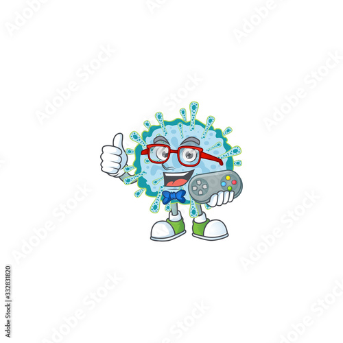 Talented coronavirus illness gamer mascot design using controller © kongvector