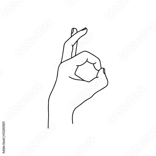 Linear hand illustration showing OK sign. Yoga mudra - Gyan. Stock vector illustration.