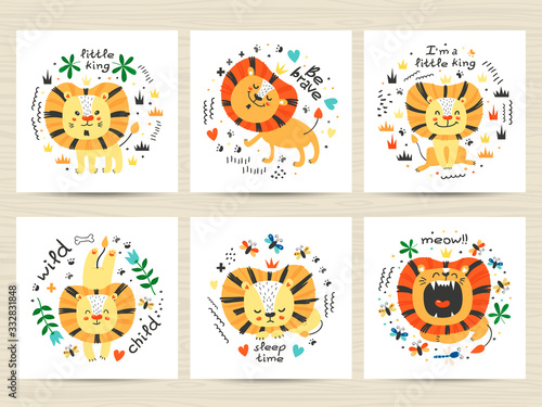 Set of posters with cute lions and letterings