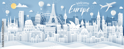 Paper cut of Erope landmark. Erope travel and tourism concept.